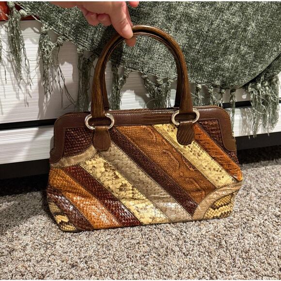 Supreme Vintage Patchwork Snakeskin Leather Handbag Brown Tan Top Handle Purse - Picture 12 of 12